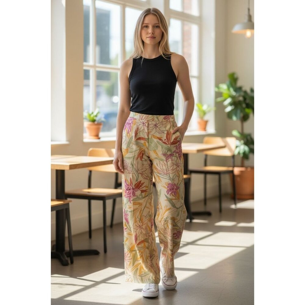 NEW Talbots Silk Pants Womens 10 Cotton Tropical Floral Trousers Yellow Pink